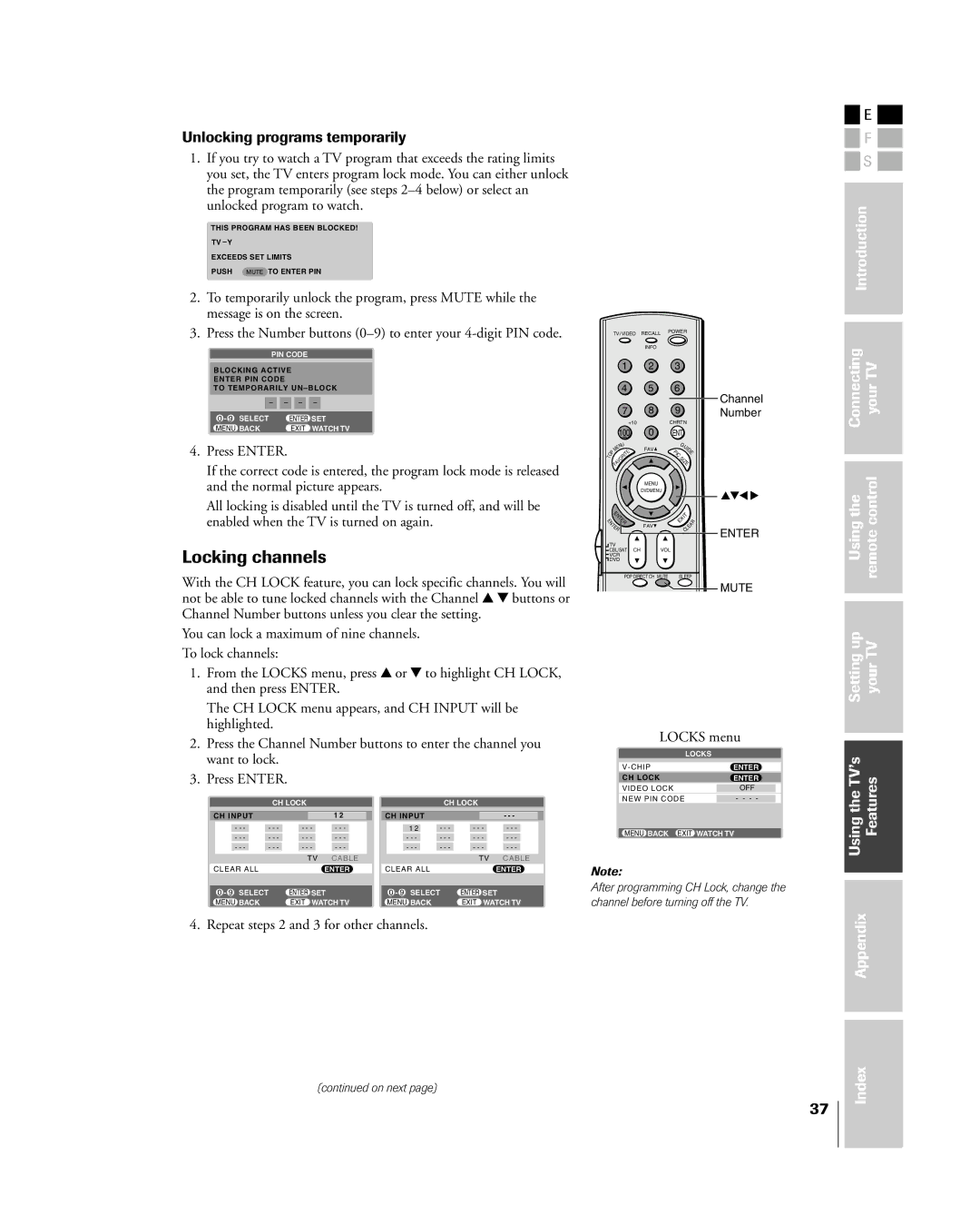 Mintek 27HL85 owner manual Locking channels, Unlocking programs temporarily, Repeat steps 2 and 3 for other channels 