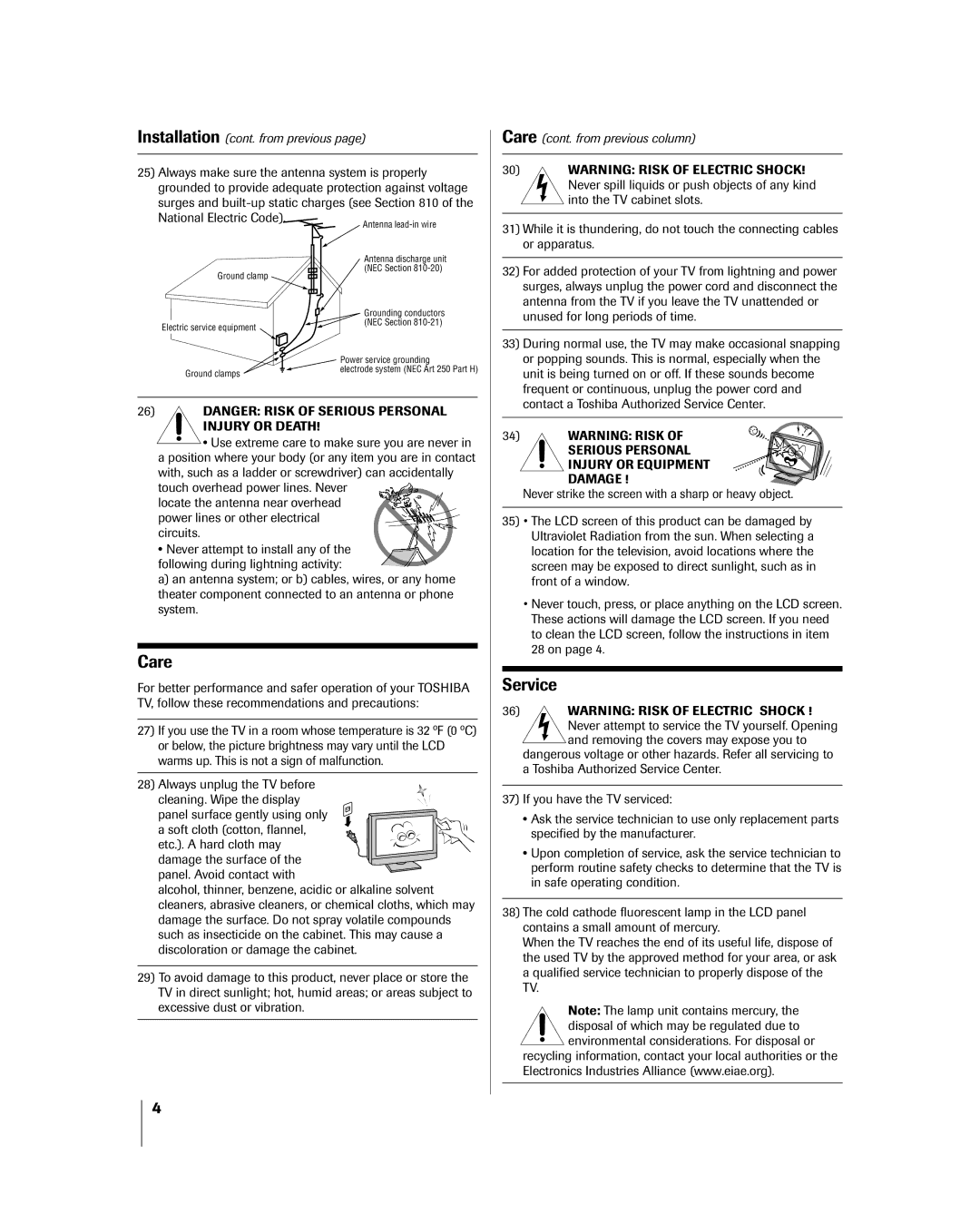 Mintek 27HL85 owner manual Service, Care cont. from previous column 