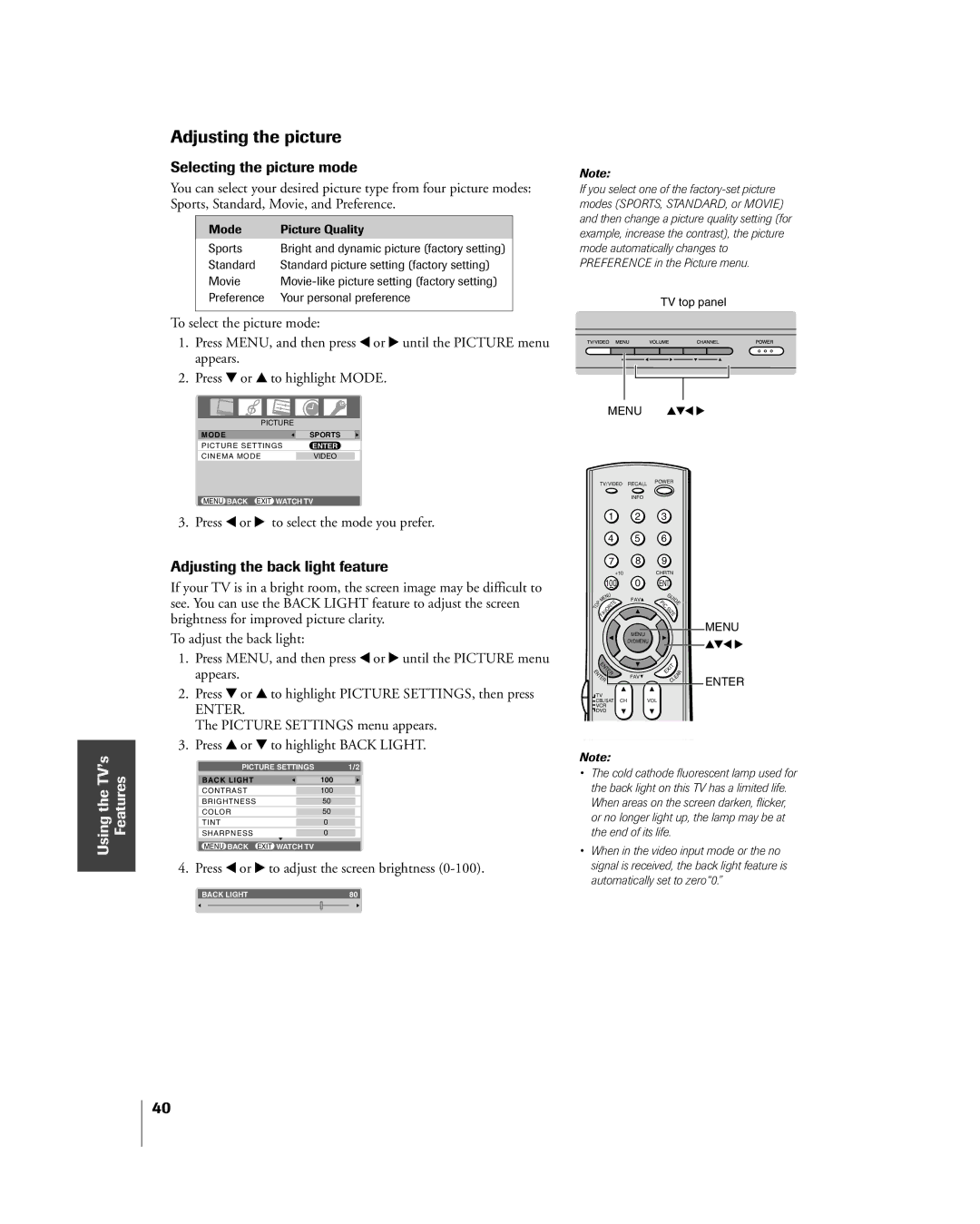 Mintek 27HL85 owner manual Adjusting the picture, Selecting the picture mode, Adjusting the back light feature 