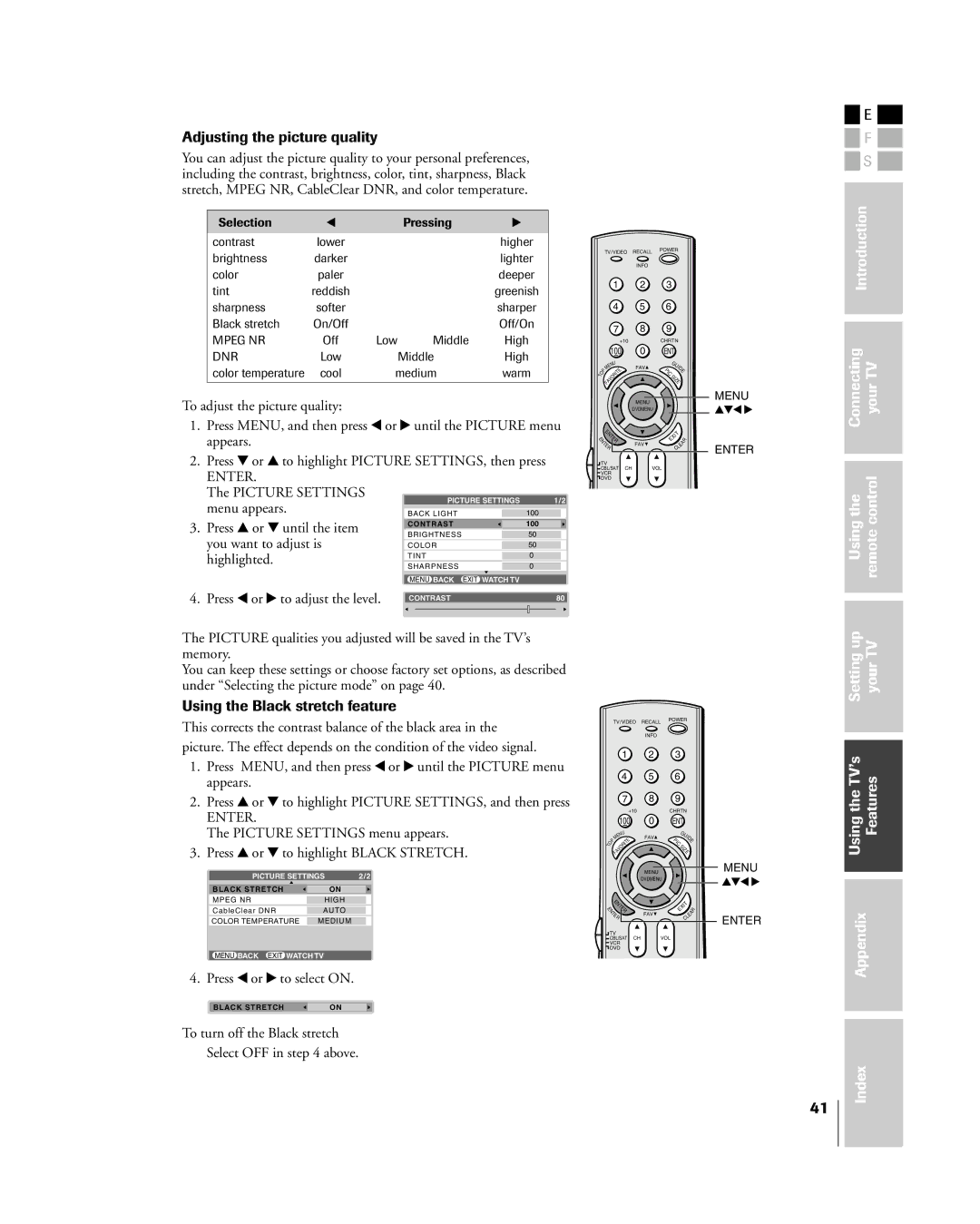 Mintek 27HL85 owner manual Adjusting the picture quality, Using the Black stretch feature 