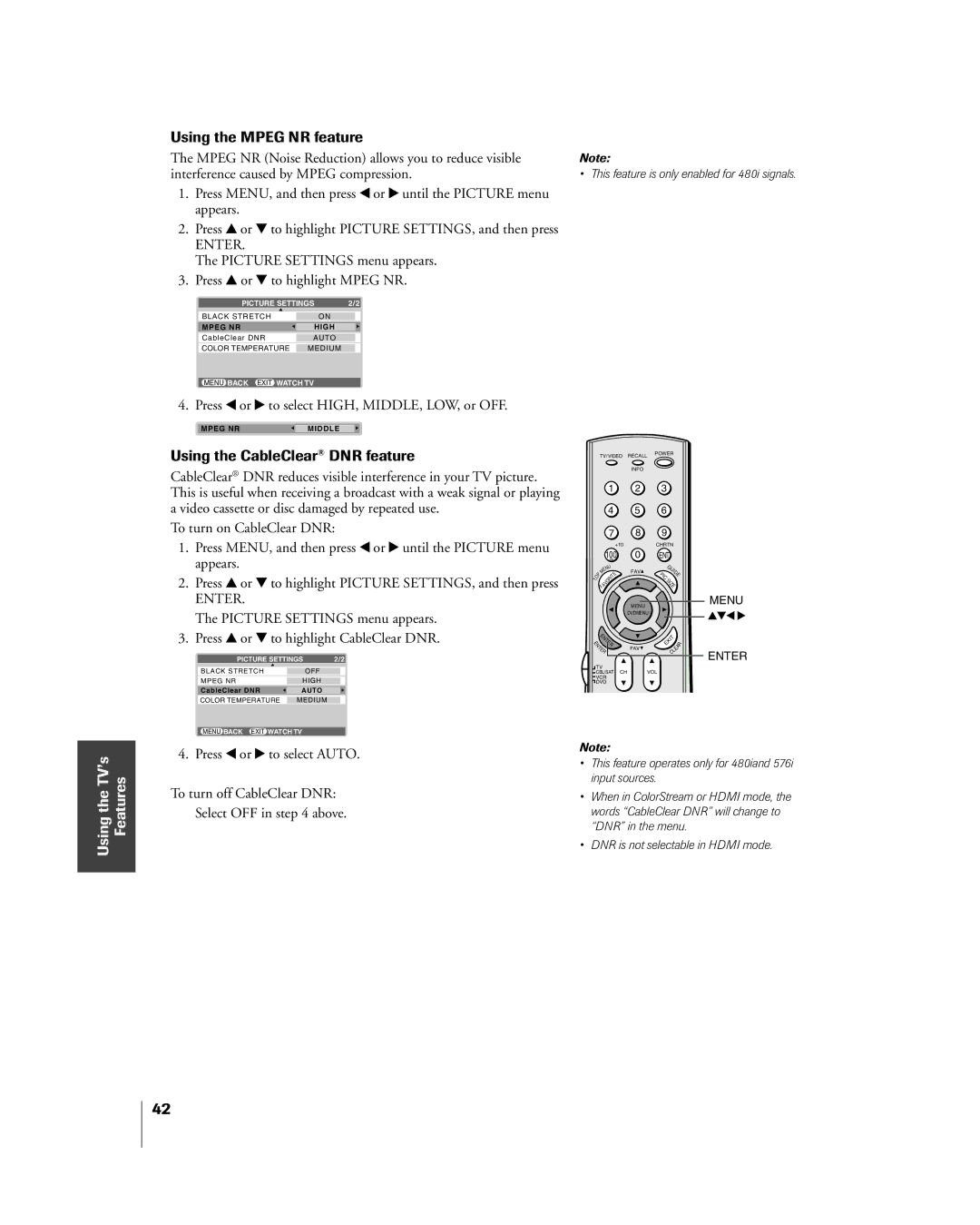 Mintek 27HL85 Using the Mpeg NR feature, Using the CableClear¨ DNR feature, Press x or to select HIGH, MIDDLE, LOW, or OFF 