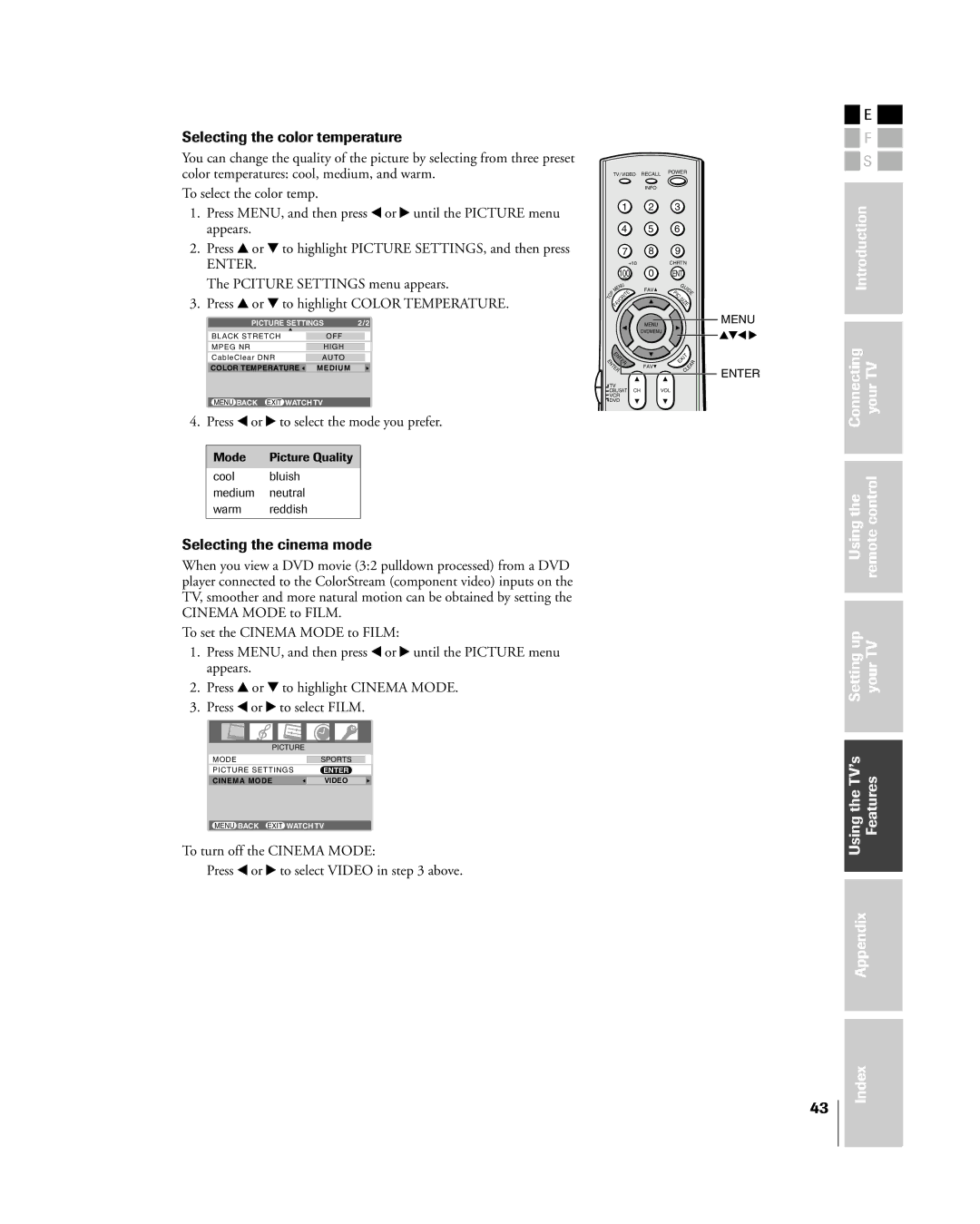 Mintek 27HL85 owner manual Selecting the color temperature, Selecting the cinema mode 