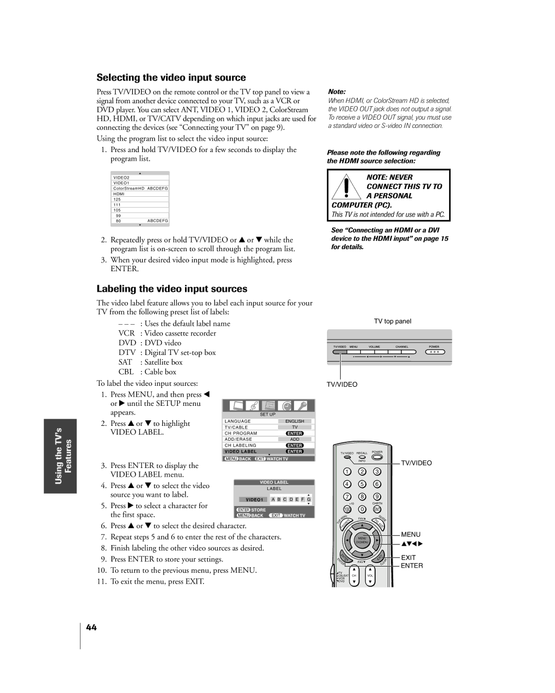 Mintek 27HL85 owner manual Selecting the video input source, Labeling the video input sources 