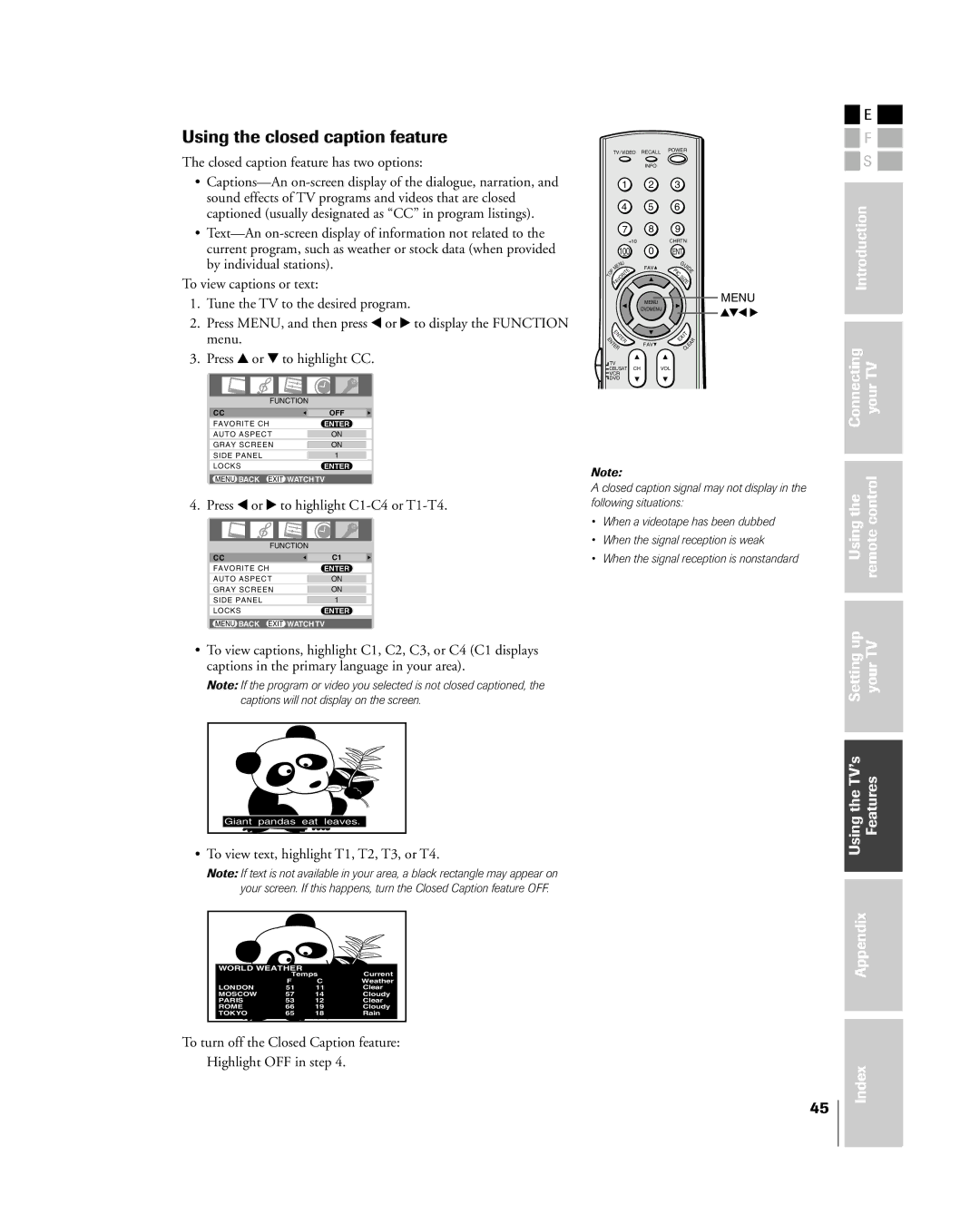 Mintek 27HL85 owner manual Using the closed caption feature, Press x or to highlight C1-C4 or T1-T4 