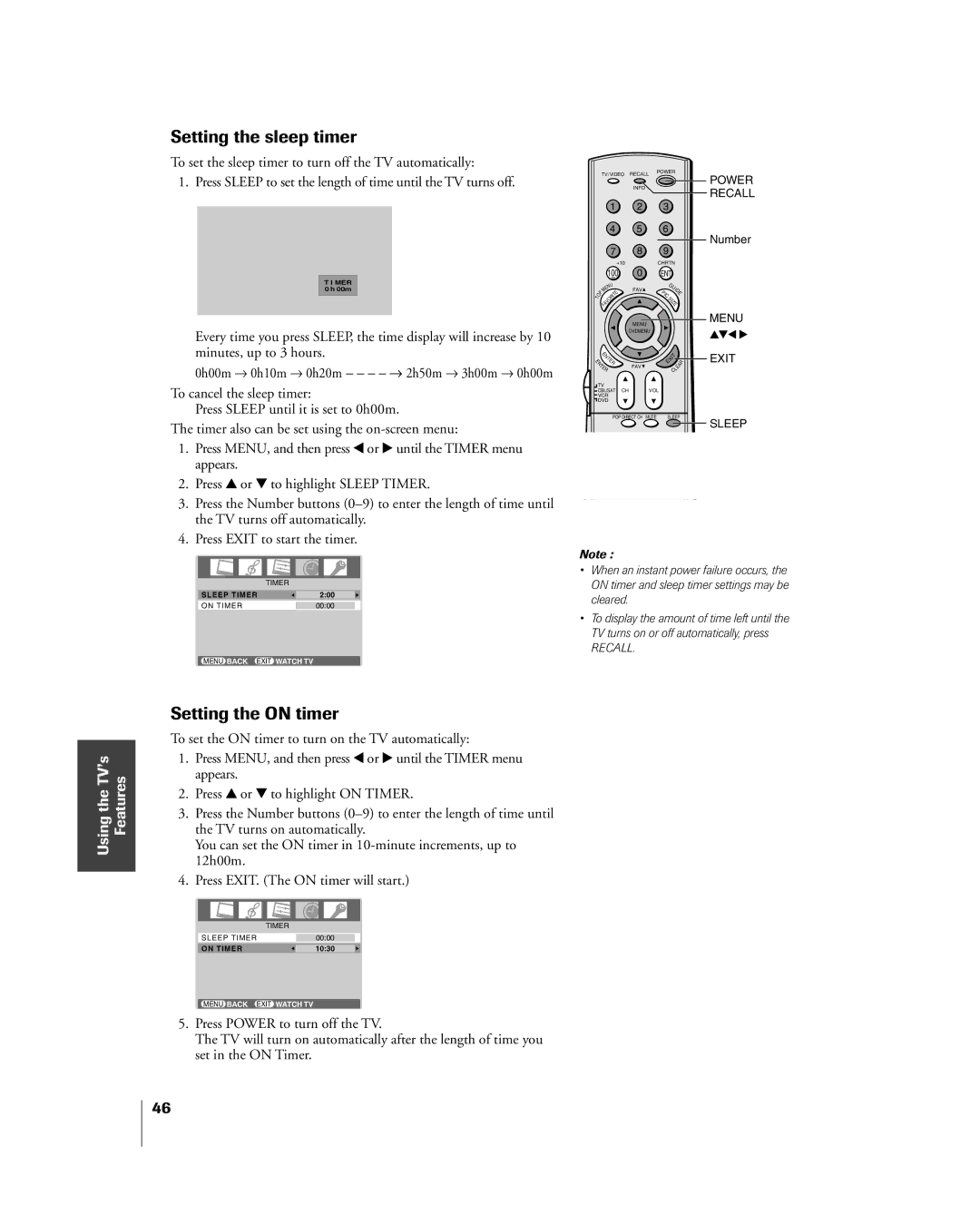 Mintek 27HL85 owner manual Setting the sleep timer, Setting the on timer 