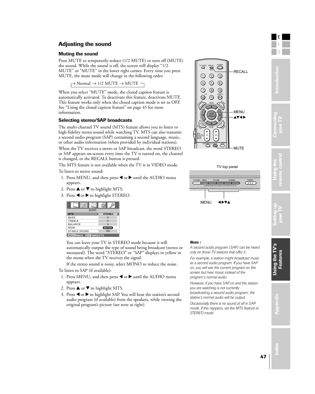 Mintek 27HL85 owner manual Adjusting the sound, Muting the sound, Selecting stereo/SAP broadcasts 