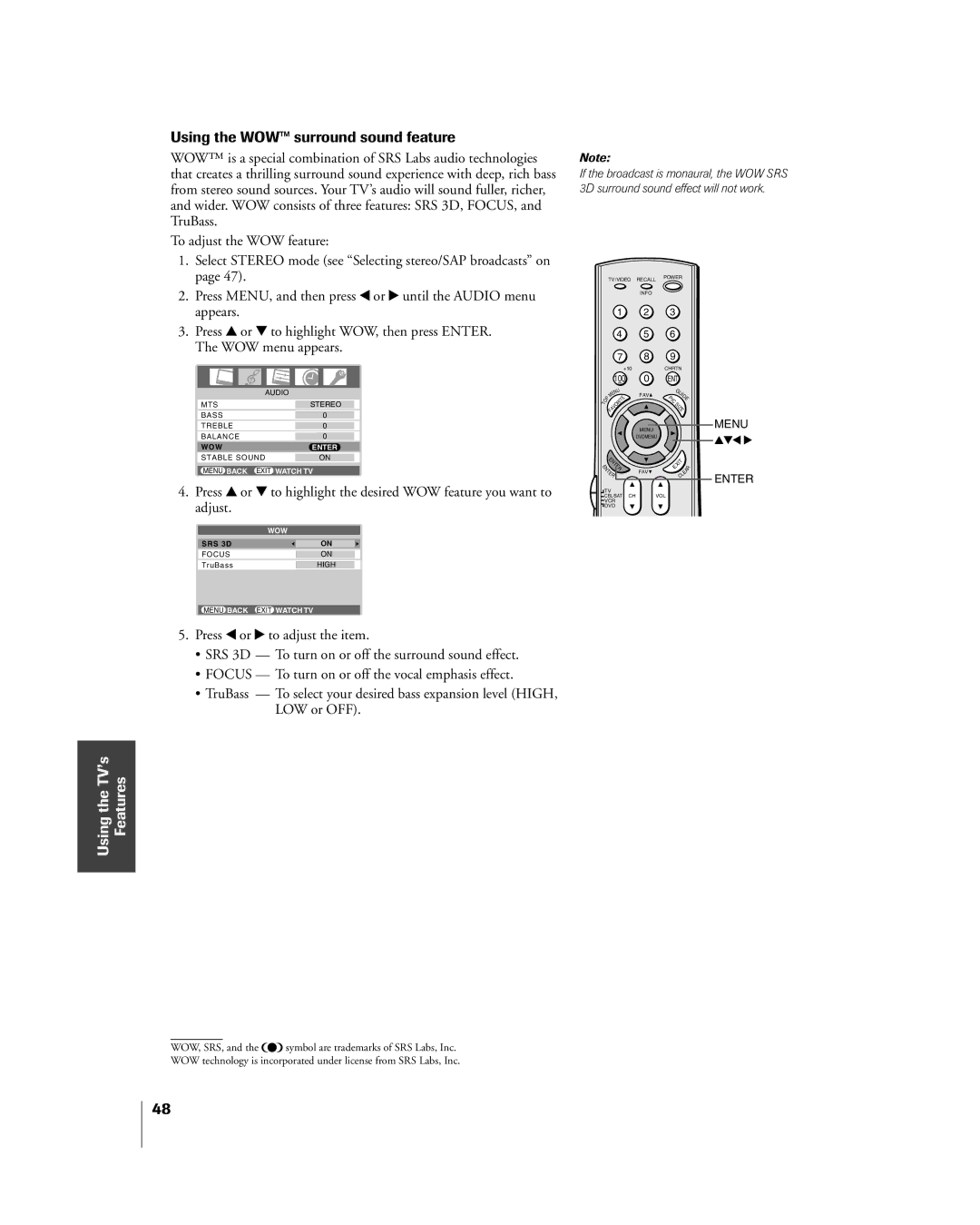 Mintek 27HL85 owner manual Using the WOWª surround sound feature 