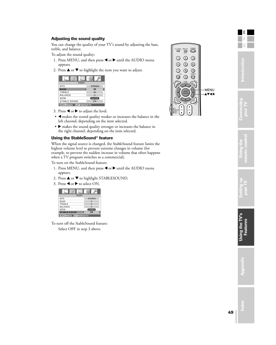 Mintek 27HL85 owner manual Adjusting the sound quality, Using the StableSound¨ feature 