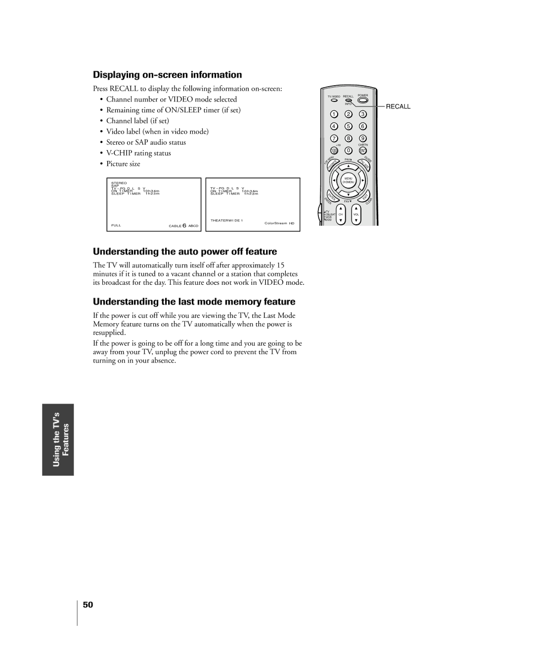 Mintek 27HL85 owner manual Displaying on-screen information, Understanding the auto power off feature 