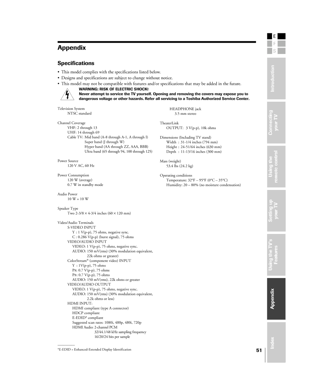 Mintek 27HL85 owner manual Appendix, Specifications 