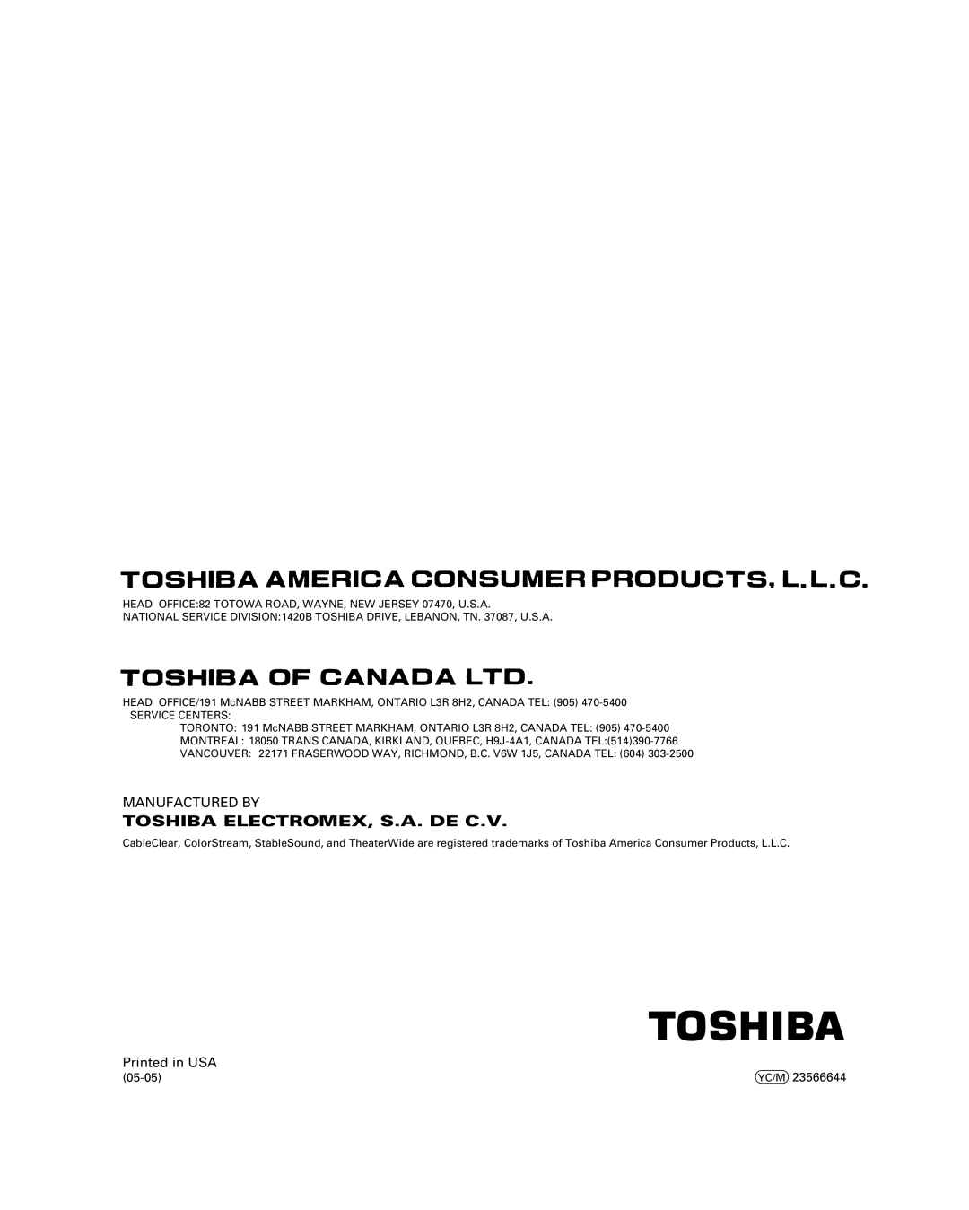 Mintek 27HL85 owner manual Toshiba ELECTROMEX, S.A. DE C.V 