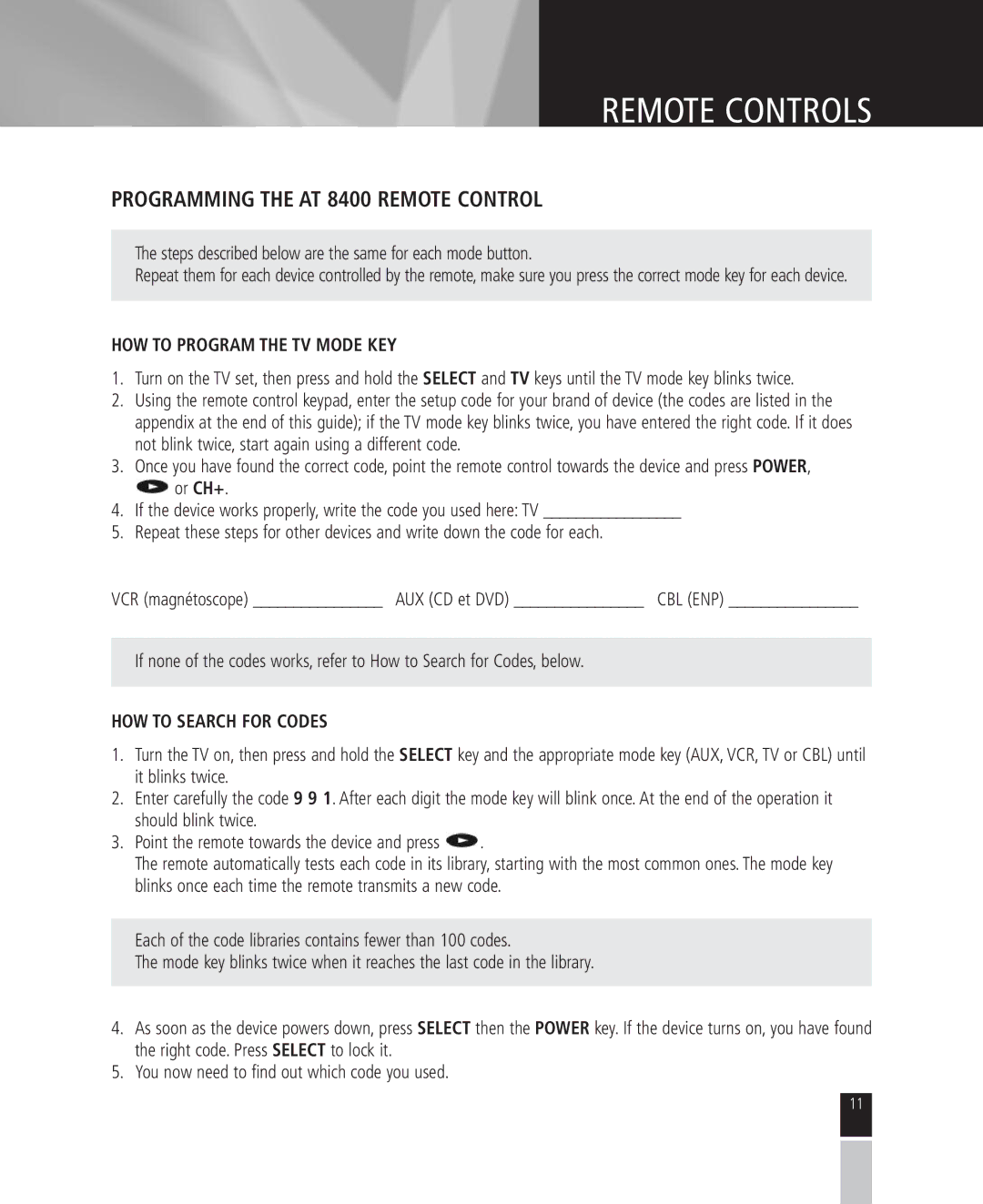 Mintek High Definition Personal Video Recorder Programming the AT 8400 Remote Control, HOW to Program the TV Mode KEY 