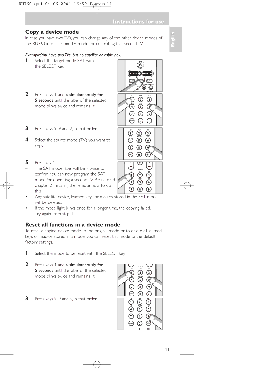 Mintek SBC RU760 manual Copy a device mode, Reset all functions in a device mode 