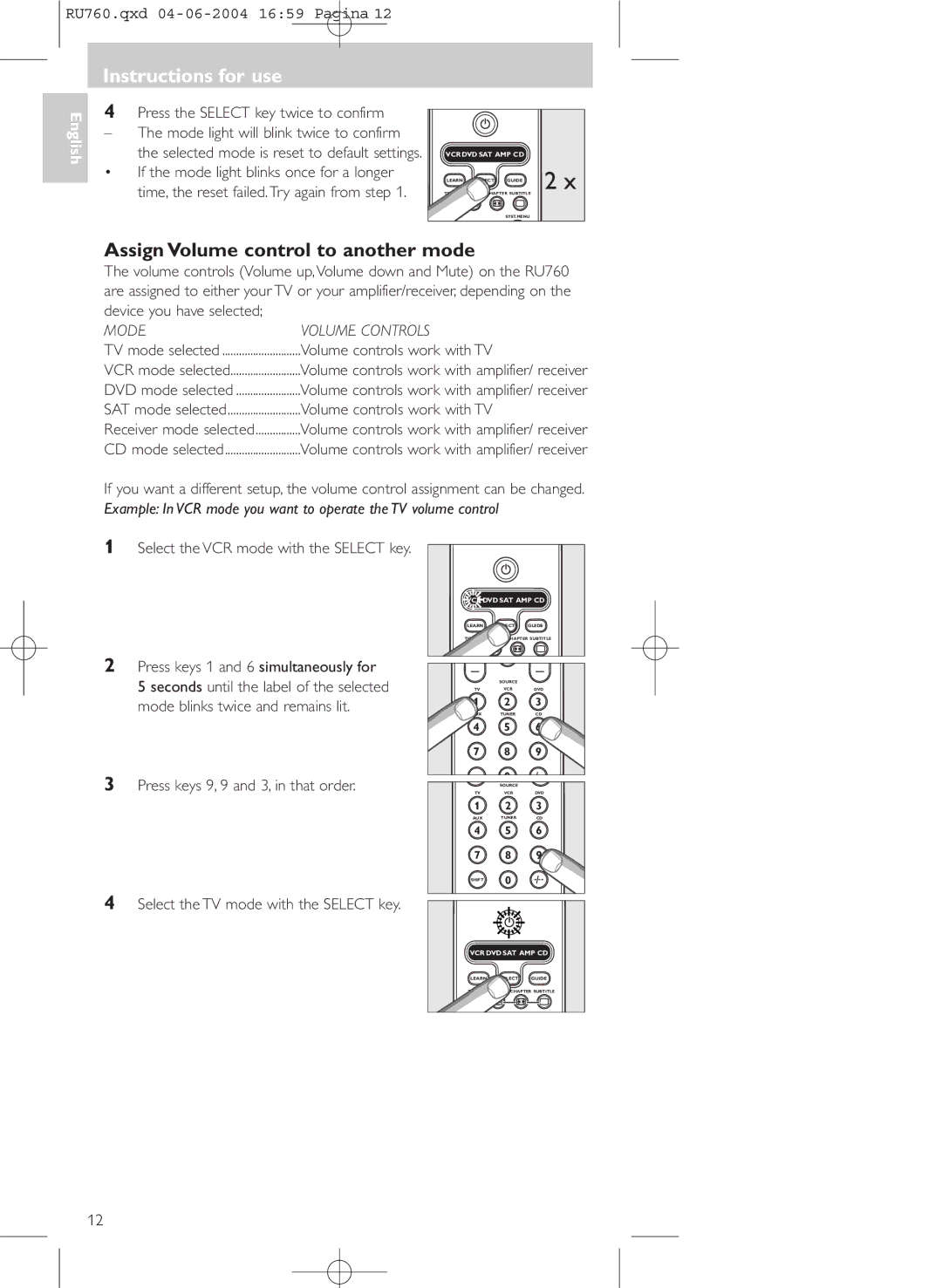 Mintek SBC RU760 Assign Volume control to another mode, Press the Select key twice to confirm, Device you have selected 