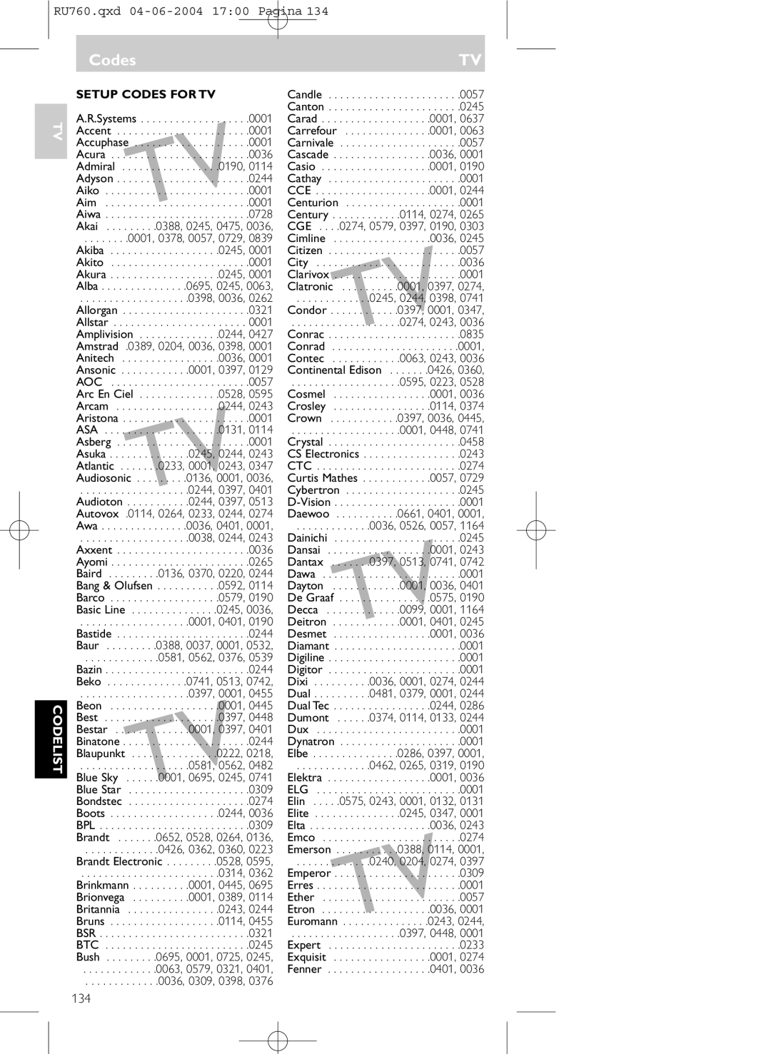 Mintek SBC RU760 manual Codes, 134 