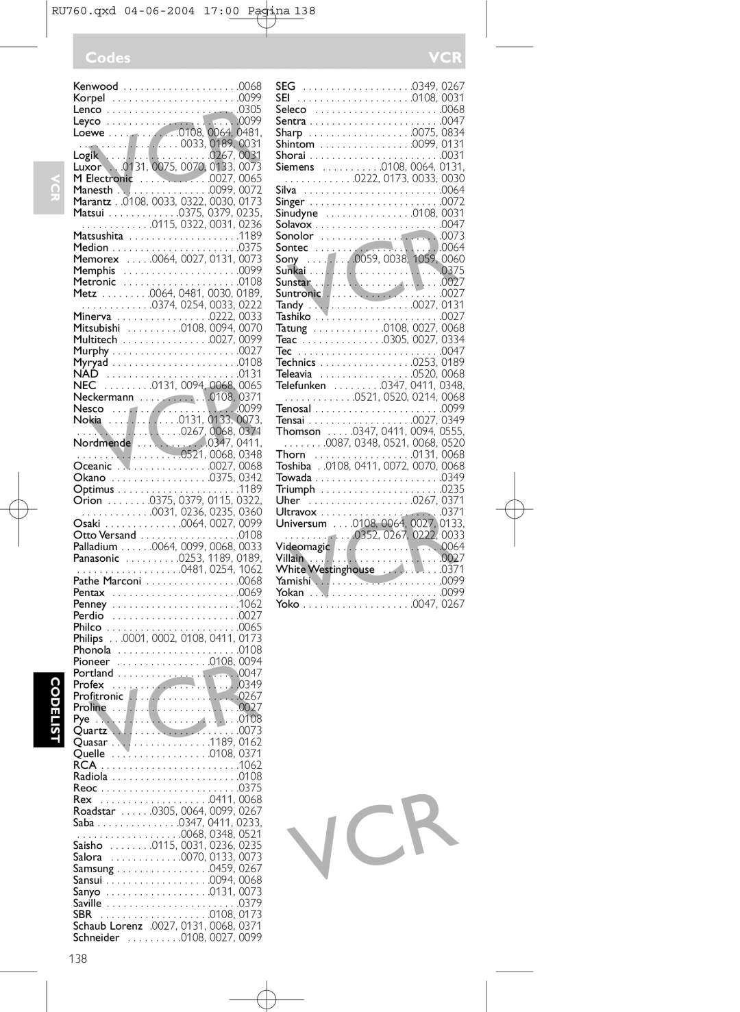 Mintek SBC RU760 manual 138, Nec 