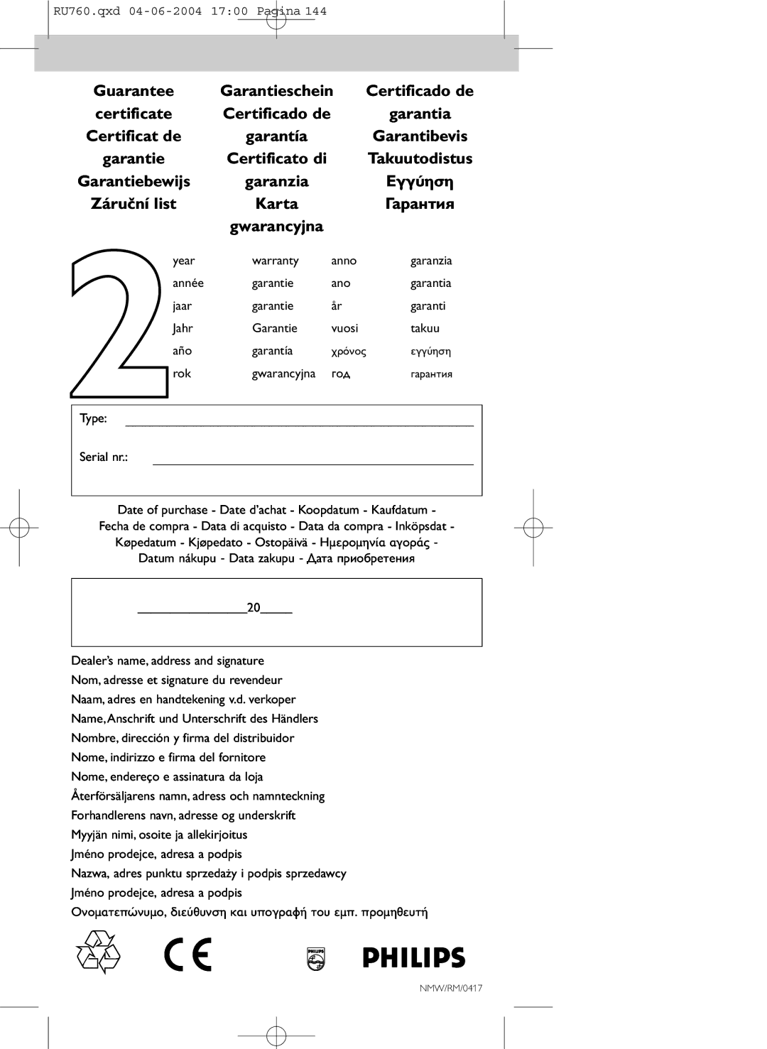 Mintek SBC RU760 manual Guarantee, Certificate Certificado de, Certificat de, Certificato di Takuutodistus 