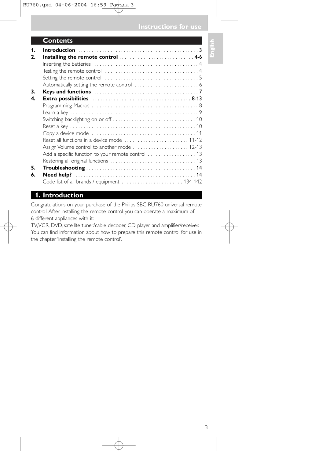 Mintek SBC RU760 manual Instructions for use, Contents, Introduction 