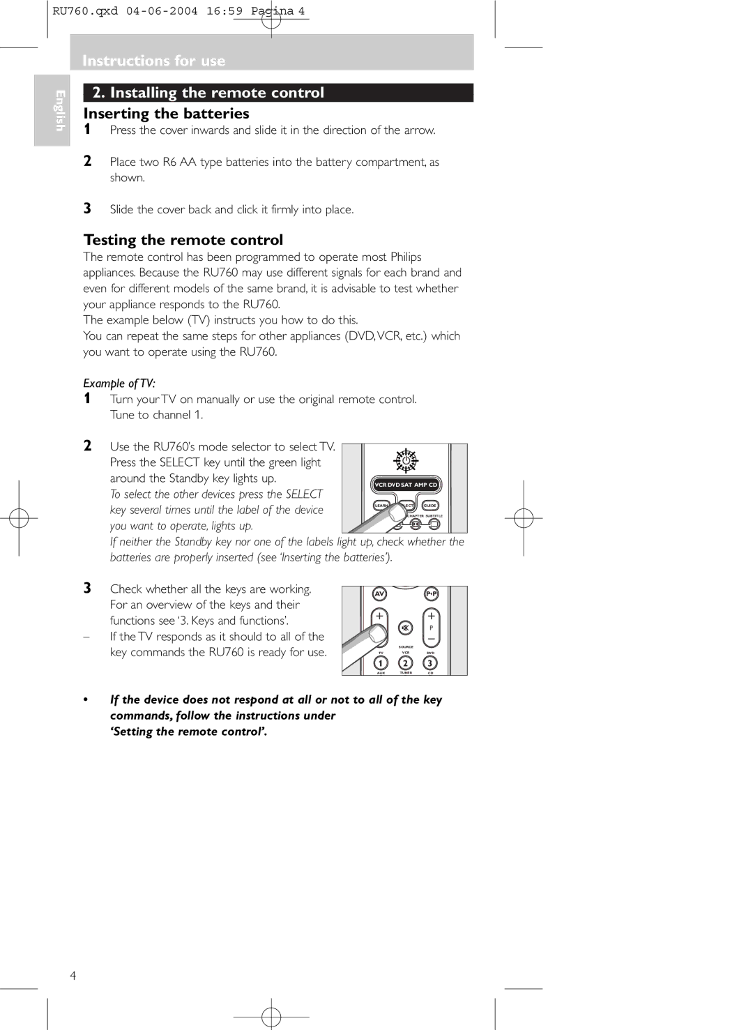 Mintek SBC RU760 Instructions for use Installing the remote control, Inserting the batteries, Testing the remote control 