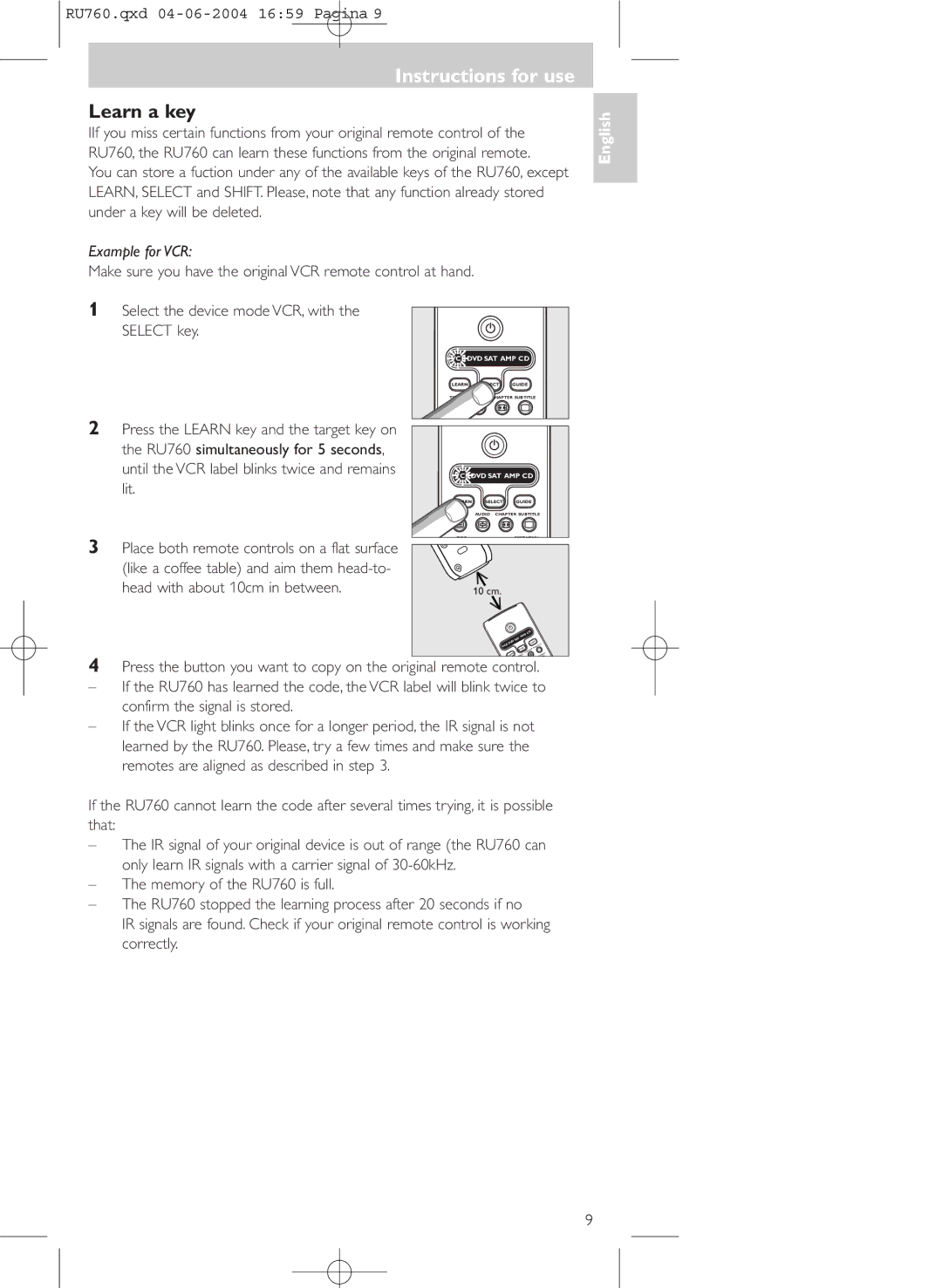 Mintek SBC RU760 manual Learn a key, Example for VCR 