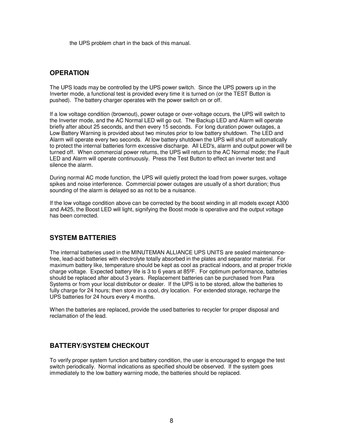 Minuteman UPS ALLIANCE owner manual Operation, System Batteries, BATTERY/SYSTEM Checkout 