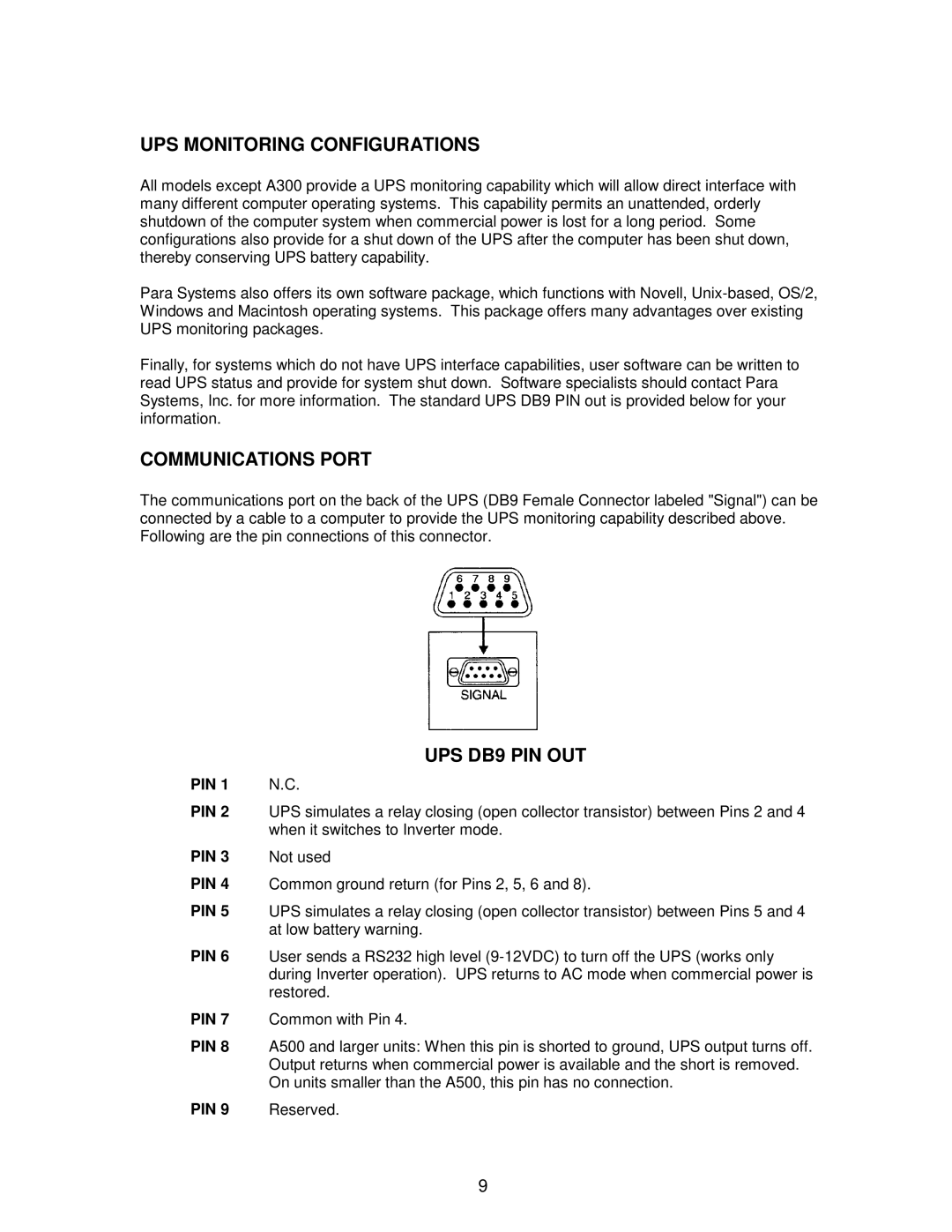 Minuteman UPS ALLIANCE owner manual UPS Monitoring Configurations, Communications Port, UPS DB9 PIN OUT 