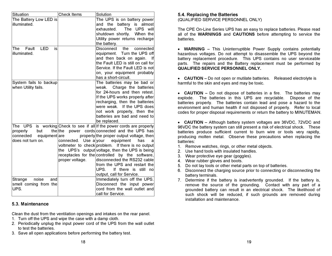 Minuteman UPS CPE 3000, CPE 2000, CPE 1000 user manual Maintenance, Replacing the Batteries, Qualified Service Personnel only 