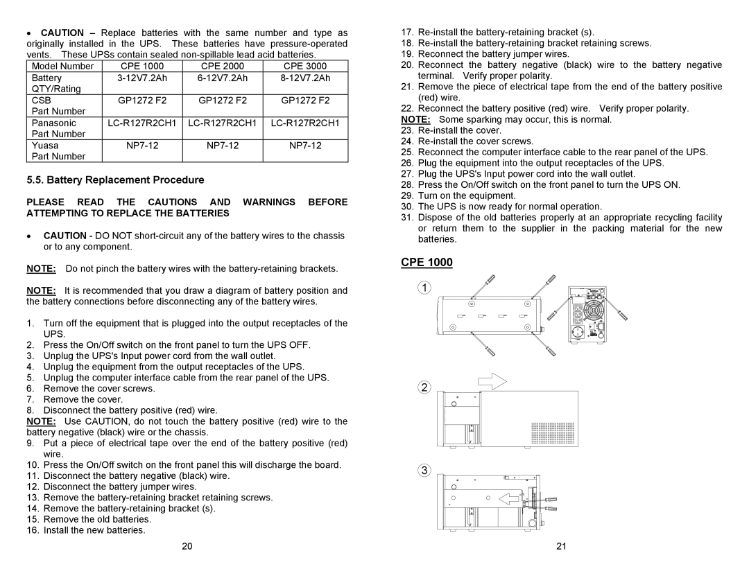 Minuteman UPS CPE 2000, CPE 1000, CPE 3000 user manual Cpe, Battery Replacement Procedure 