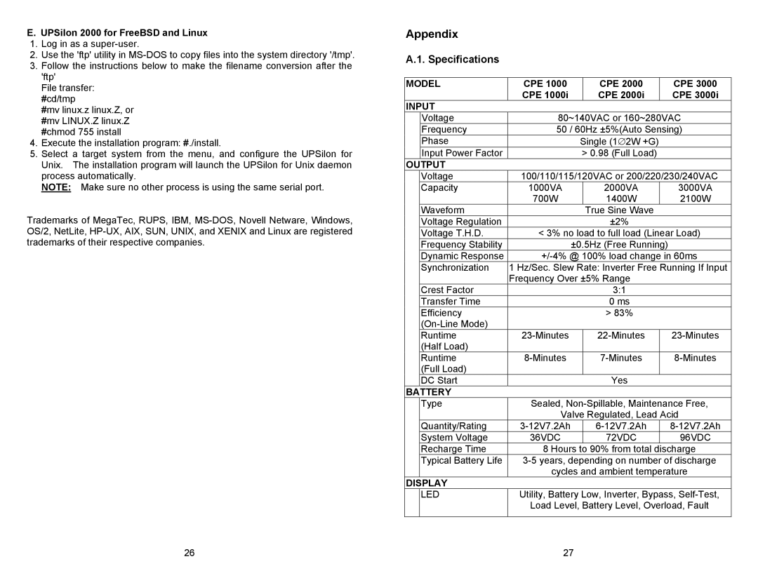 Minuteman UPS CPE 2000, CPE 1000, CPE 3000 user manual Appendix, Specifications 