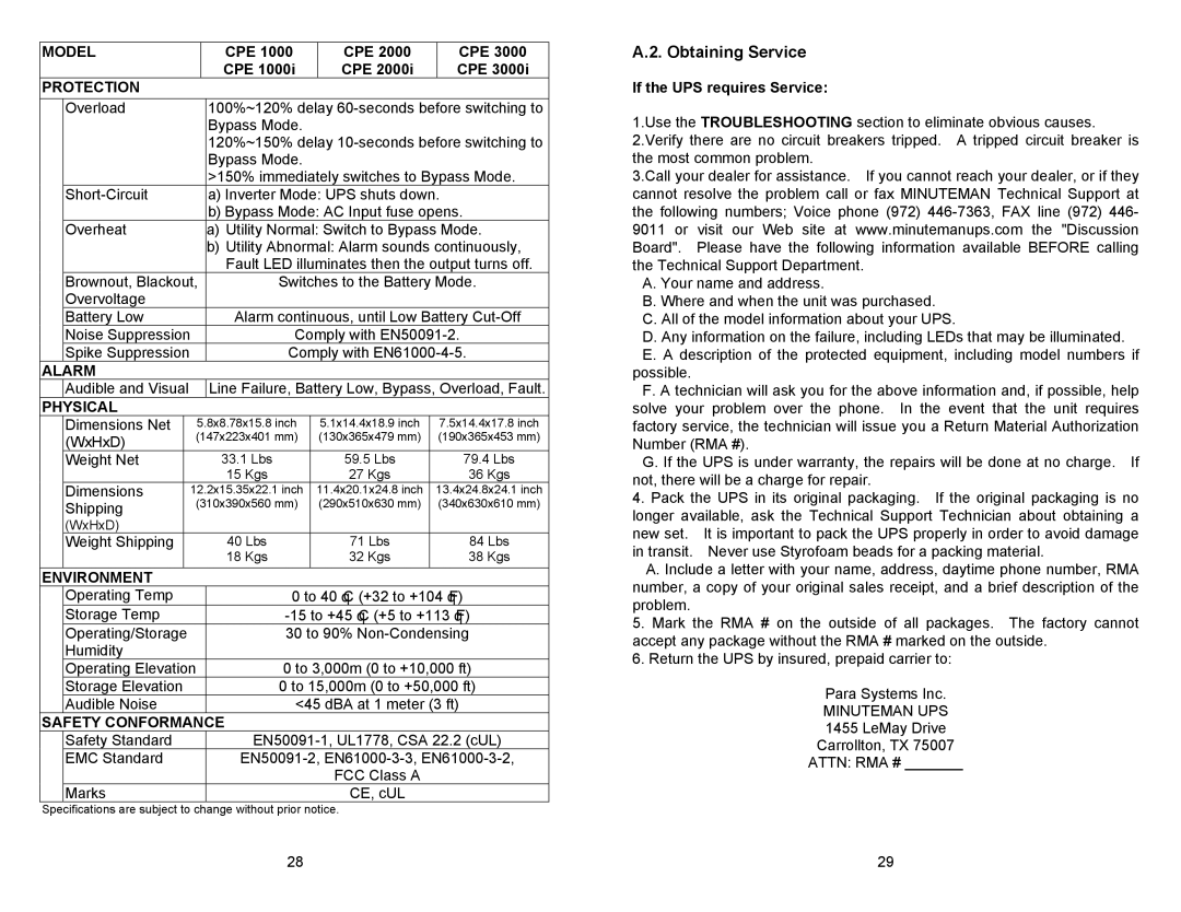 Minuteman UPS CPE 1000, CPE 2000, CPE 3000 user manual Obtaining Service 