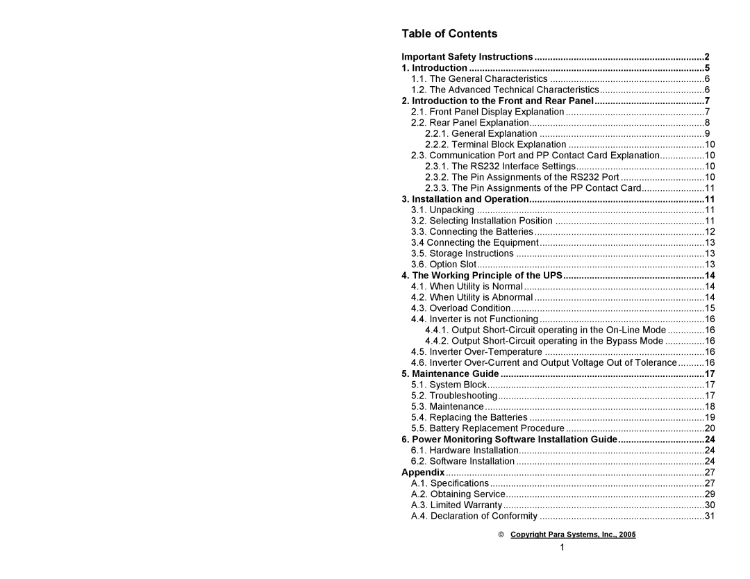 Minuteman UPS CPE 3000, CPE 2000, CPE 1000 user manual Table of Contents 