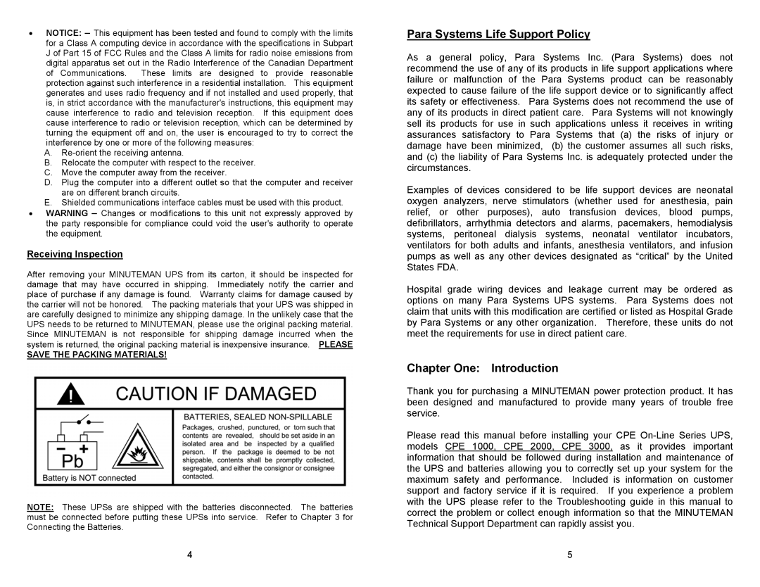 Minuteman UPS CPE 1000, CPE 2000, CPE 3000 Para Systems Life Support Policy, Chapter One Introduction, Receiving Inspection 