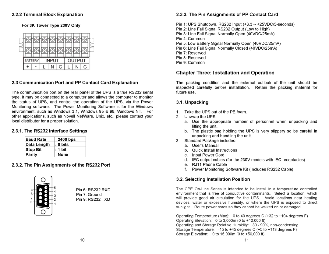 Minuteman UPS CPE 1000, CPE 2000, CPE 3000 user manual Chapter Three Installation and Operation 