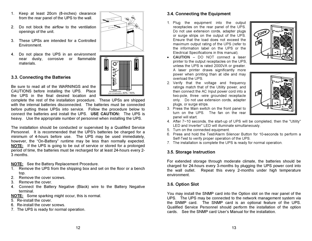 Minuteman UPS CPE 3000, CPE 2000 Connecting the Batteries, Connecting the Equipment, Storage Instruction, Option Slot 