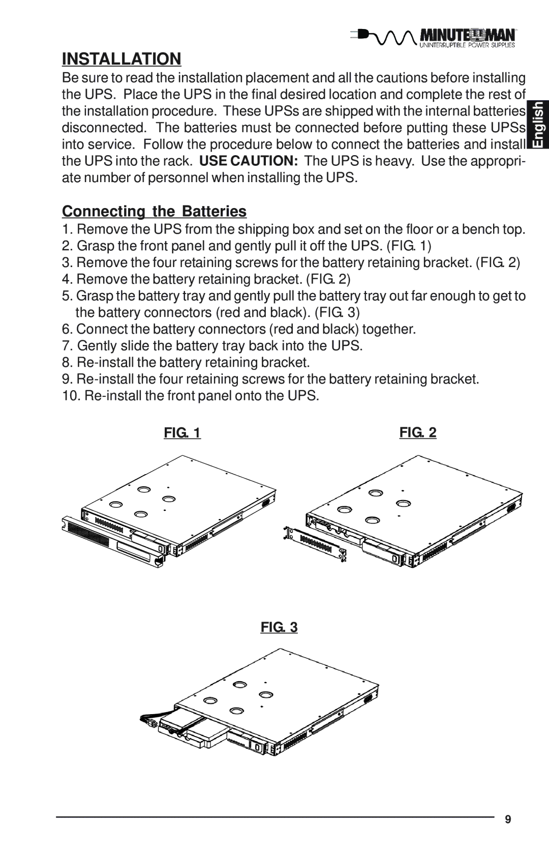 Minuteman UPS E1000RM1U, E1500RM1U, E700RM1U user manual Installation, Connecting the Batteries 