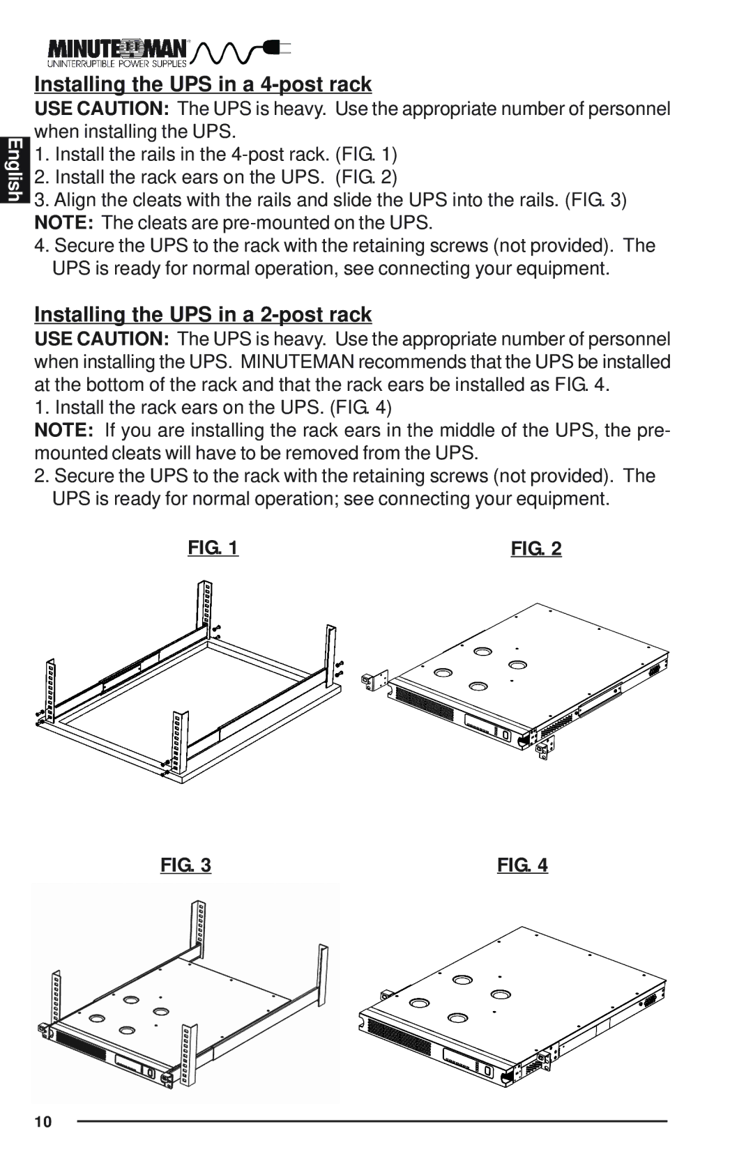 Minuteman UPS E700RM1U, E1500RM1U, E1000RM1U user manual Installing the UPS in a 4-post rack 