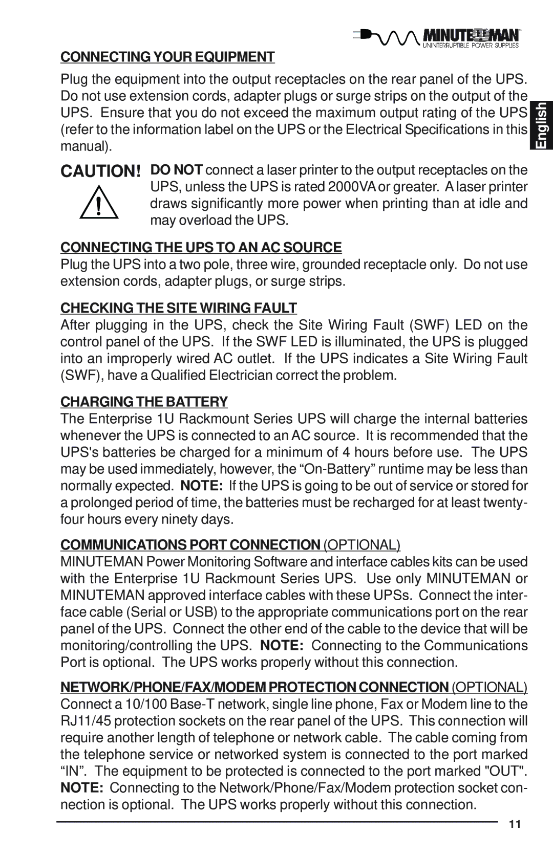 Minuteman UPS E1500RM1U, E1000RM1U, E700RM1U user manual Connecting Your Equipment 