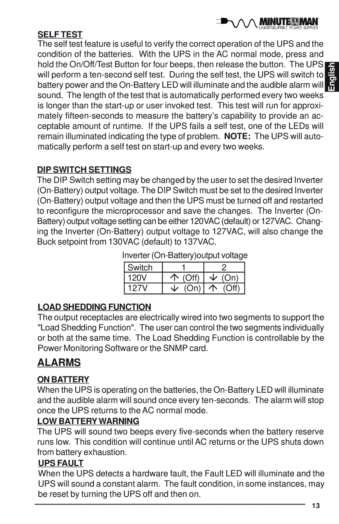 Minuteman UPS E700RM1U, E1500RM1U, E1000RM1U user manual Alarms, Self Test 