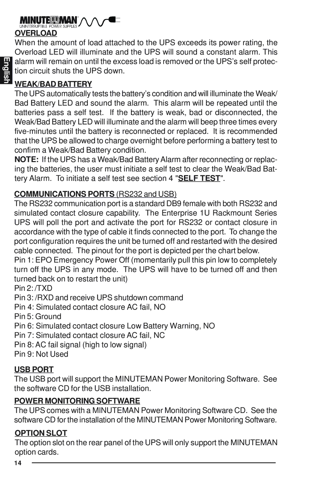 Minuteman UPS E1500RM1U, E1000RM1U, E700RM1U user manual Overload 