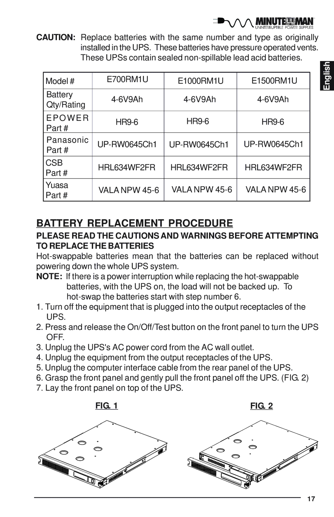 Minuteman UPS E1500RM1U, E1000RM1U, E700RM1U user manual Battery Replacement Procedure 