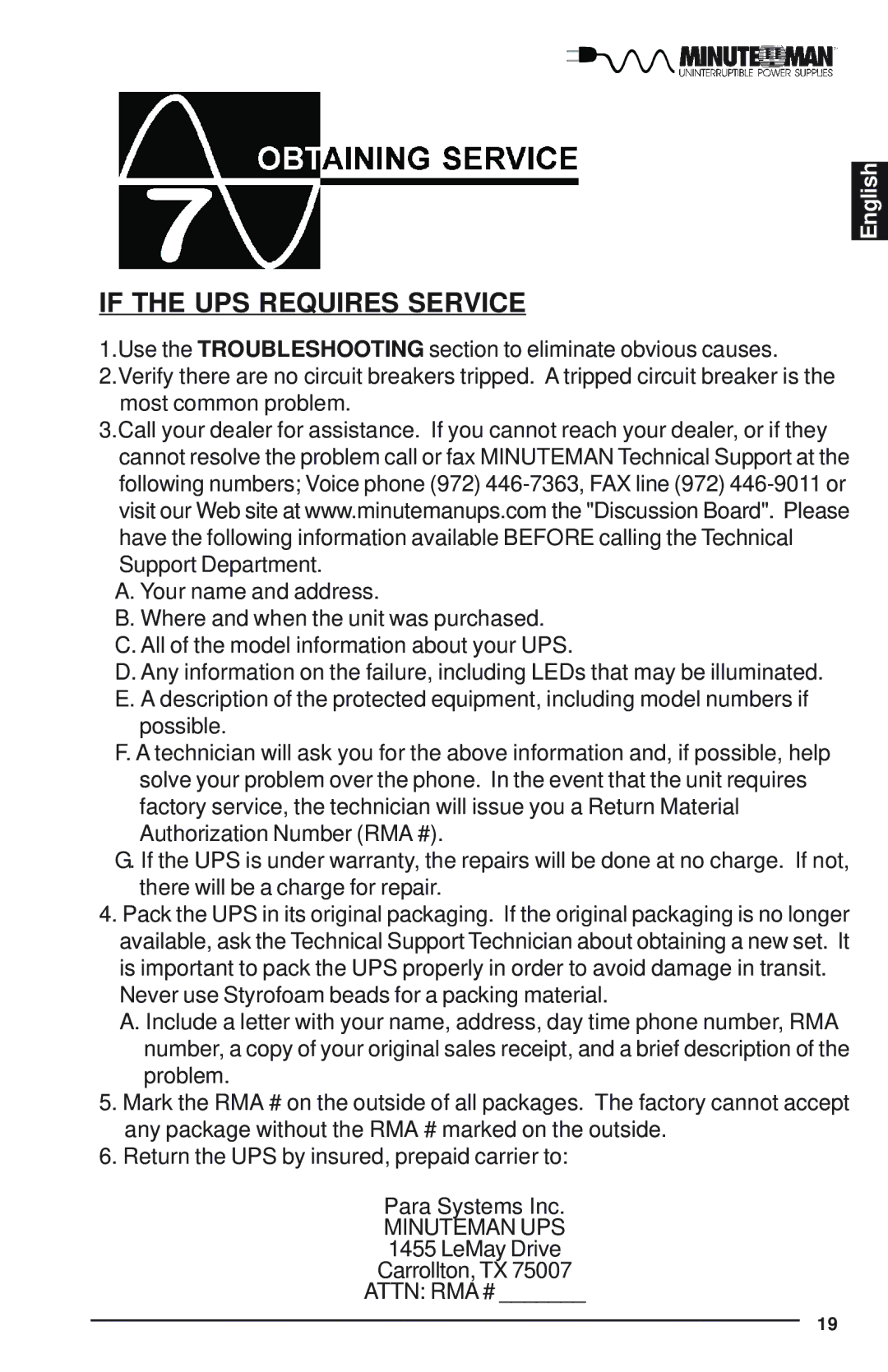 Minuteman UPS E700RM1U, E1500RM1U, E1000RM1U user manual If the UPS Requires Service 