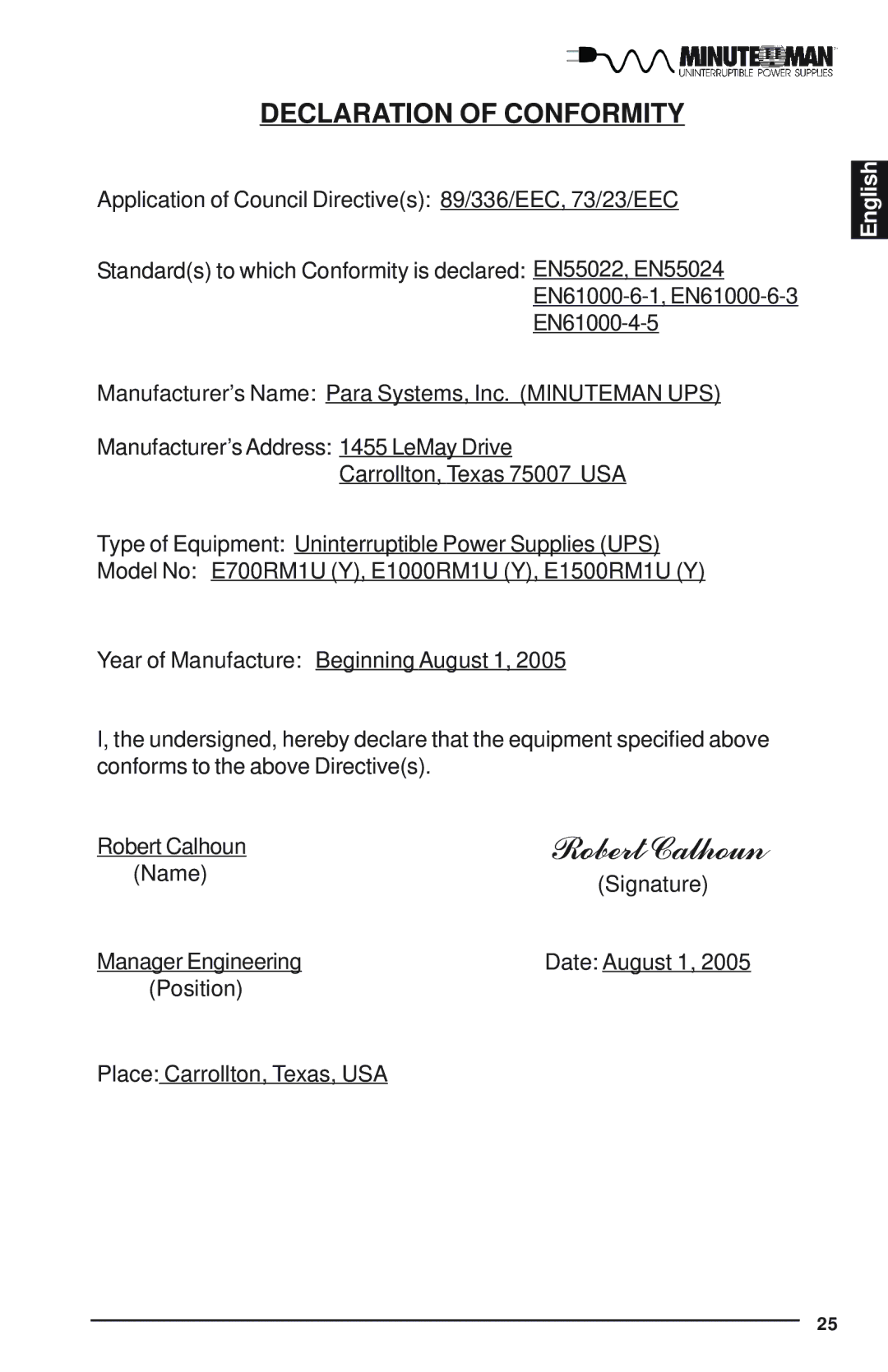 Minuteman UPS E700RM1U, E1500RM1U, E1000RM1U user manual Robert Calhoun, Declaration of Conformity 