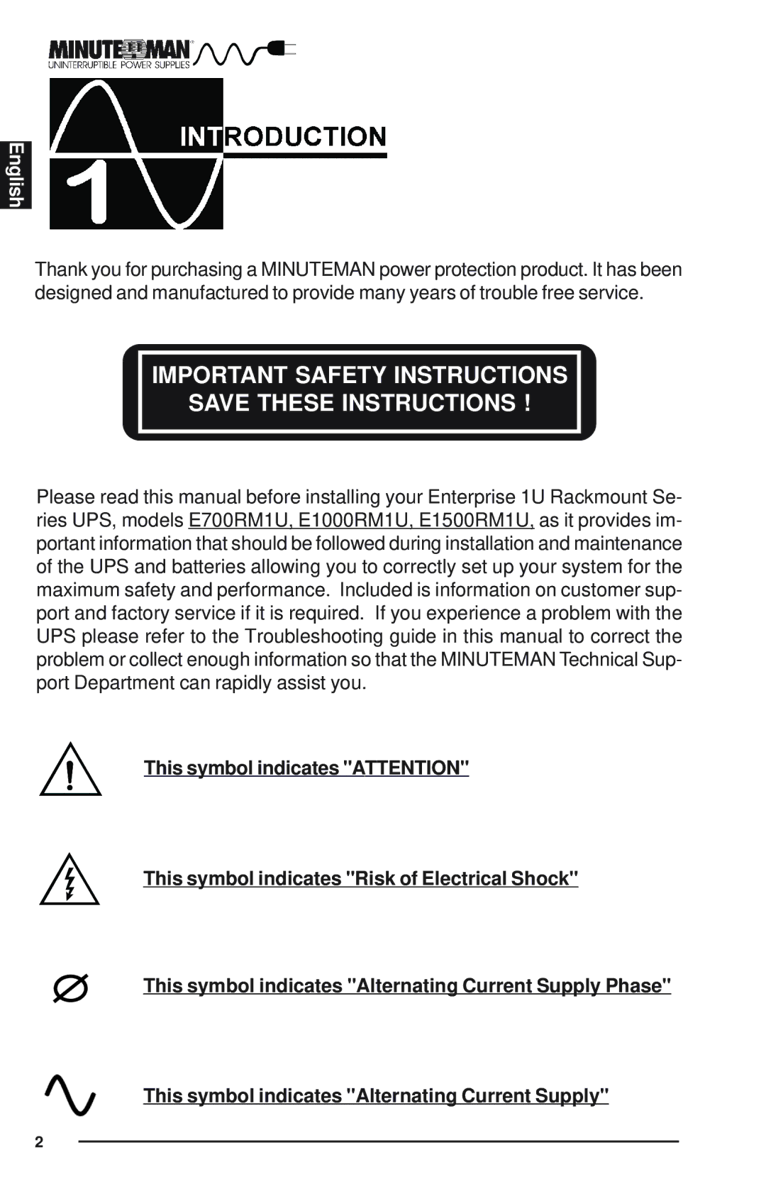 Minuteman UPS E1500RM1U, E1000RM1U, E700RM1U user manual Important Safety Instructions 