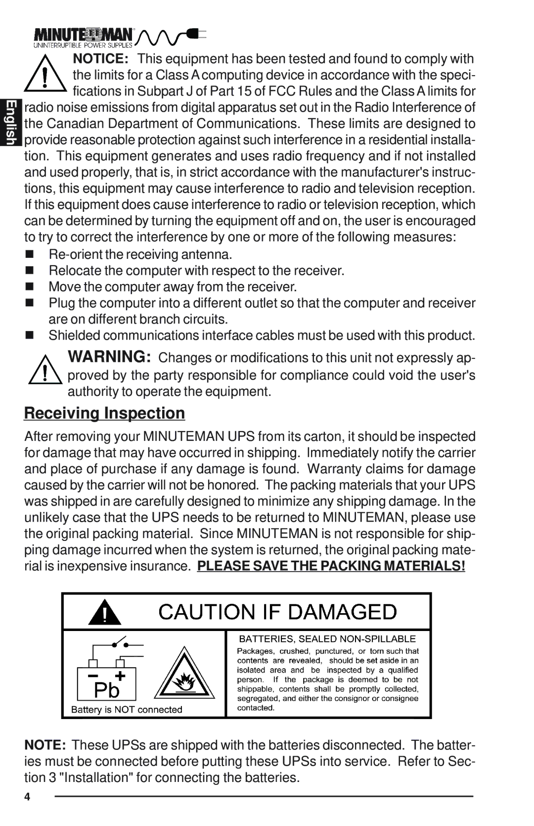 Minuteman UPS E700RM1U, E1500RM1U, E1000RM1U user manual Receiving Inspection 