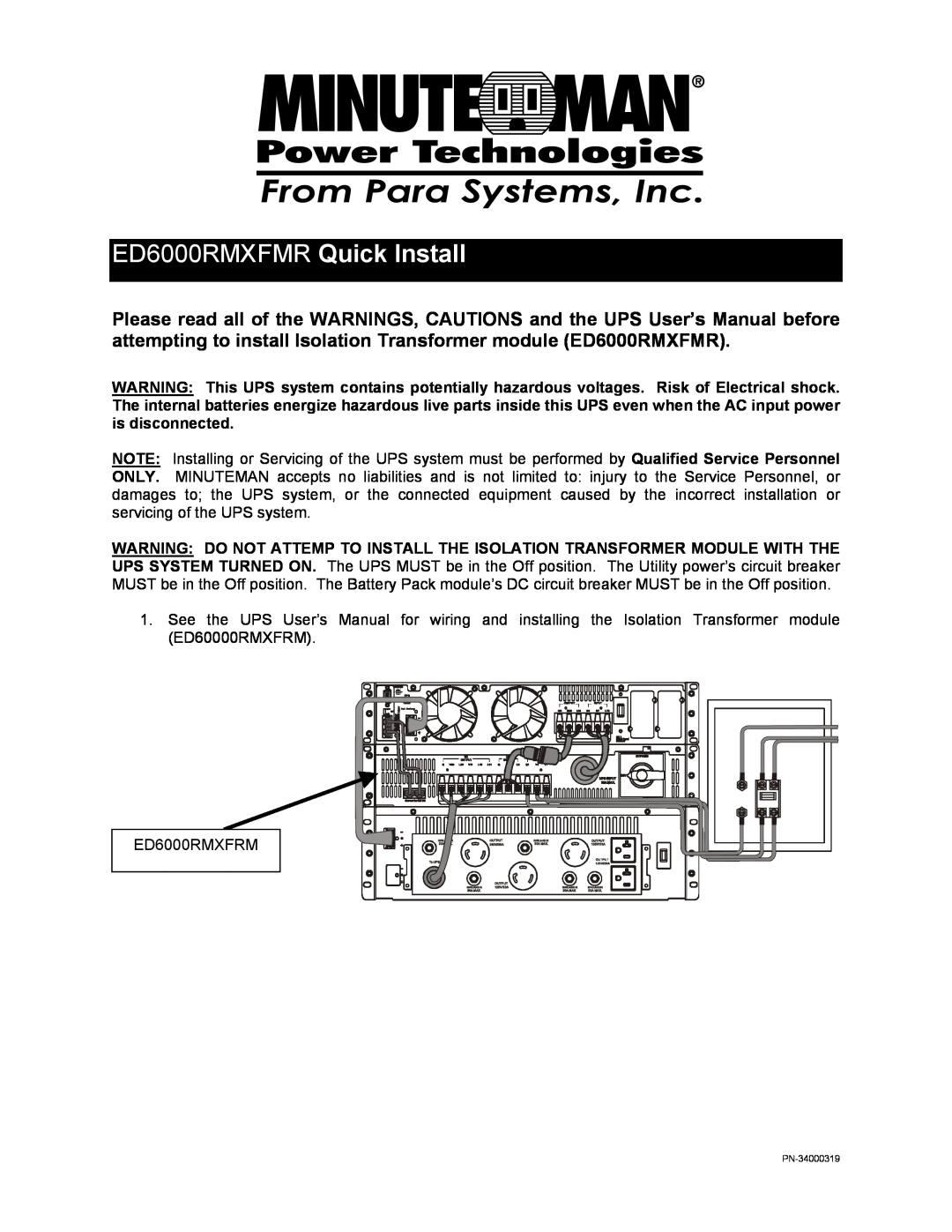 Minuteman UPS user manual ED6000RMXFMR Quick Install 
