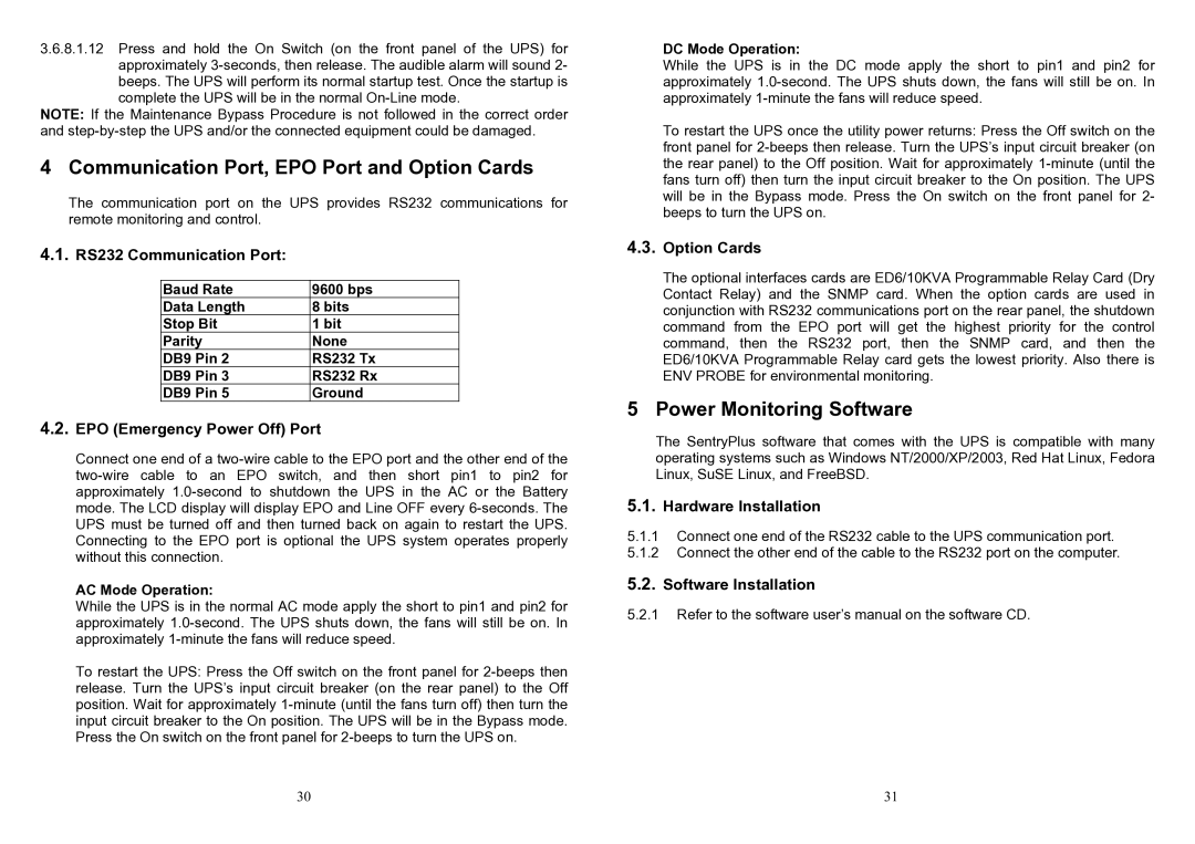 Minuteman UPS ED6200T Communication Port, EPO Port and Option Cards, Power Monitoring Software, RS232 Communication Port 