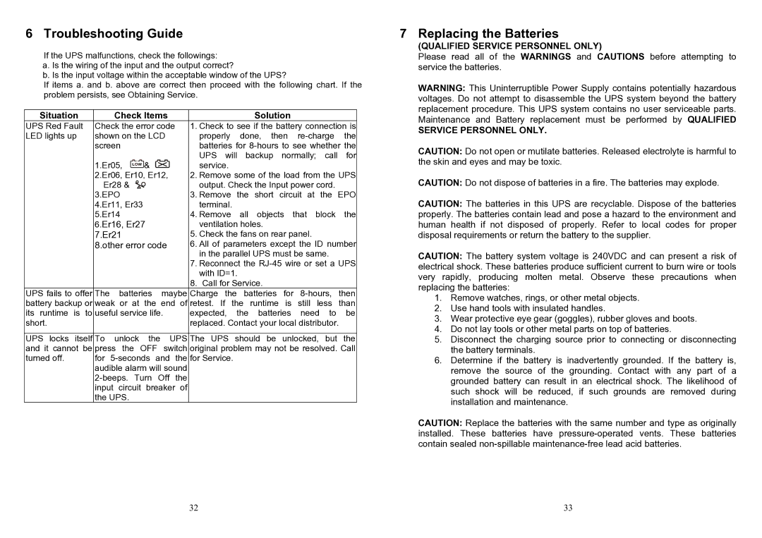 Minuteman UPS ED6000T, ED6200T user manual Troubleshooting Guide, Replacing the Batteries, Service Personnel only 