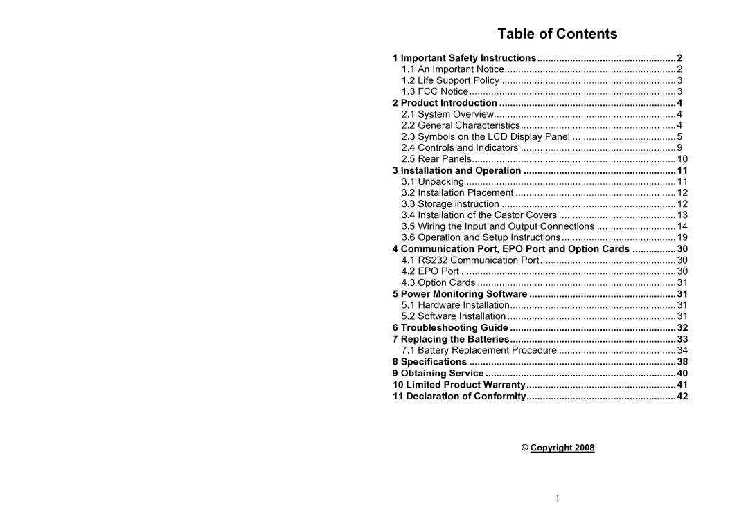 Minuteman UPS ED6000T, ED6200T user manual Table of Contents 