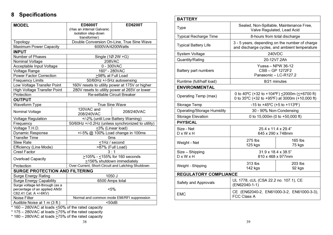 Minuteman UPS ED6200T, ED6000T user manual Specifications, Physical, Regulatory Compliance 