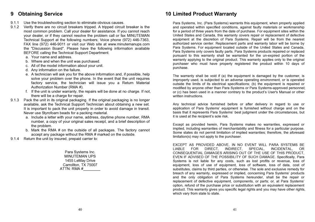 Minuteman UPS ED6000T, ED6200T user manual Obtaining Service, Limited Product Warranty 